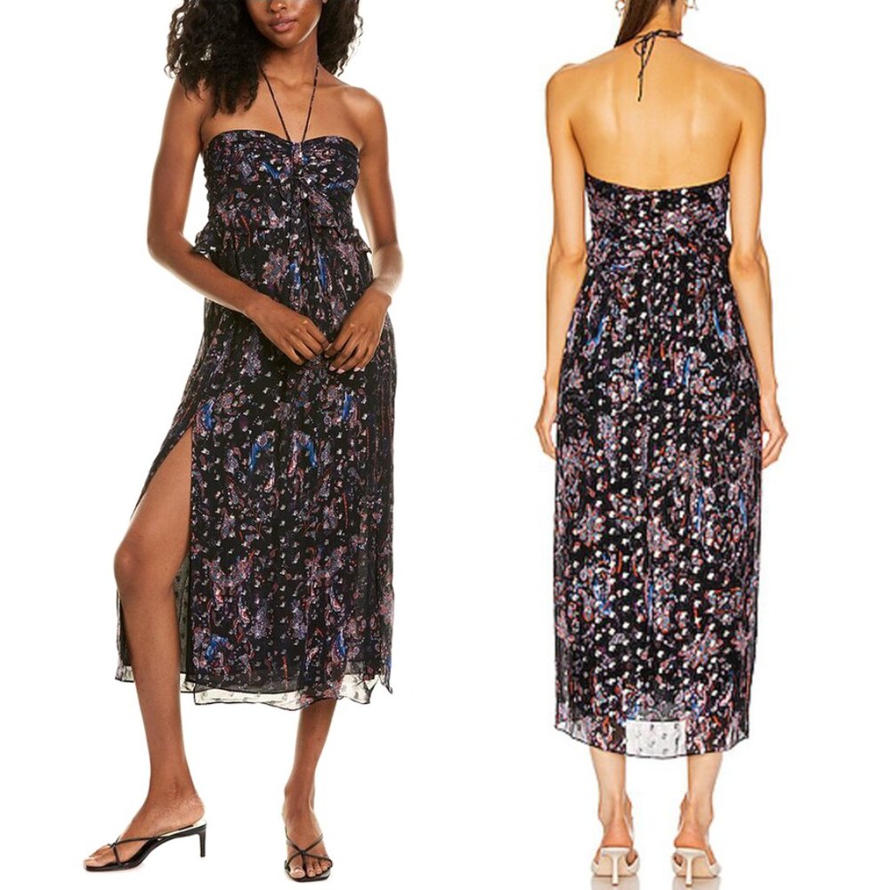 IRO Samov Navy Paisley Silver Metallic Halter Dress 36 Front Panel Midi Small